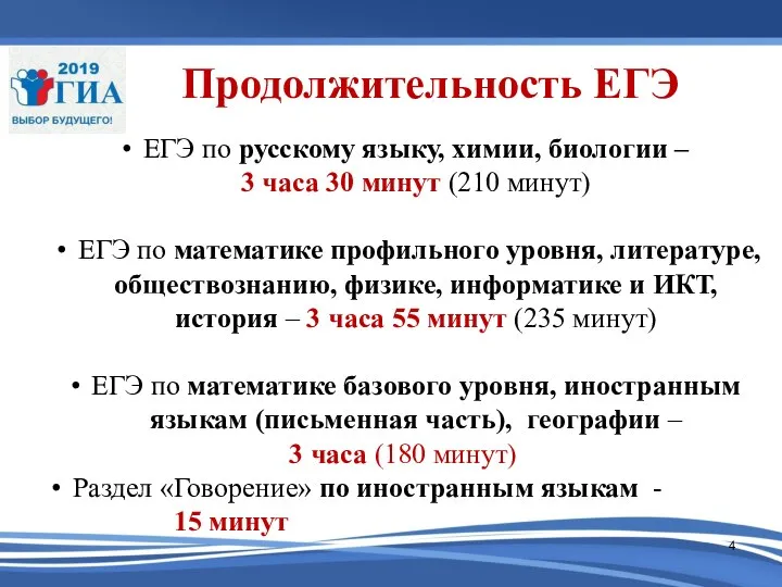 Продолжительность ЕГЭ ЕГЭ по русскому языку, химии, биологии – 3 часа 30