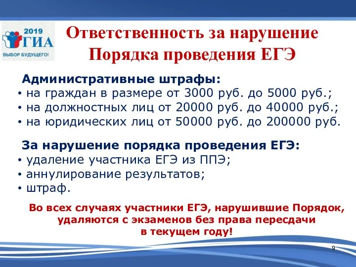 Ответственность за нарушение Порядка проведения ЕГЭ Административные штрафы: на граждан в размере