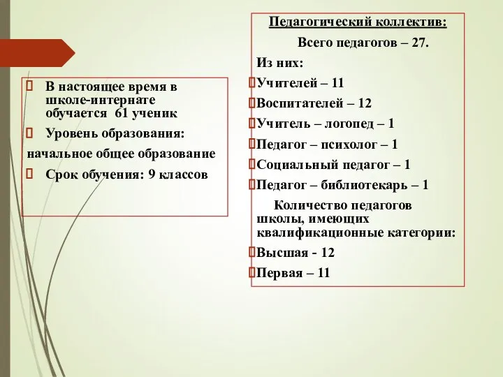 В настоящее время в школе-интернате обучается 61 ученик Уровень образования: начальное общее