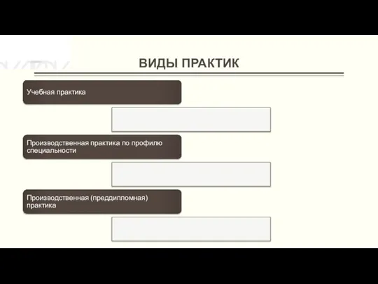 ВИДЫ ПРАКТИК Учебная практика Производственная практика по профилю специальности Производственная (преддипломная) практика