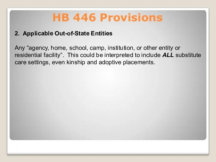 HB 446 Provisions 2. Applicable Out-of-State Entities Any “agency, home, school, camp,