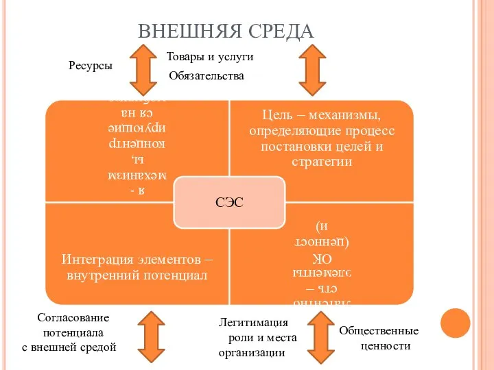 ВНЕШНЯЯ СРЕДА Ресурсы Товары и услуги Обязательства Общественные ценности Легитимация роли и