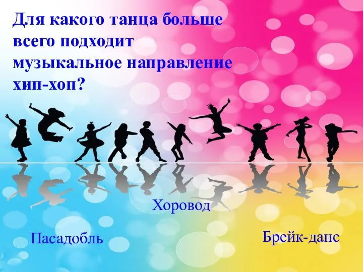 Для какого танца больше всего подходит музыкальное направление хип-хоп? Пасадобль Хоровод Брейк-данс