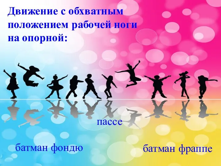 Движение с обхватным положением рабочей ноги на опорной: батман фондю пассе батман фраппе