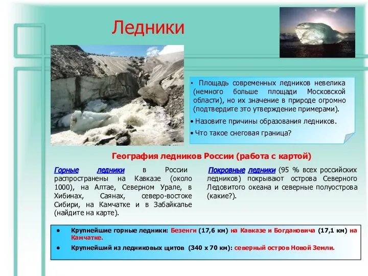 Ледники Покровные ледники (95 % всех российских ледников) покрывают острова Северного Ледовитого