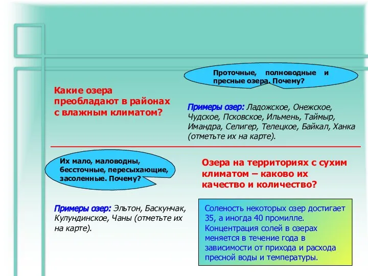 Какие озера преобладают в районах с влажным климатом? Проточные, полноводные и пресные