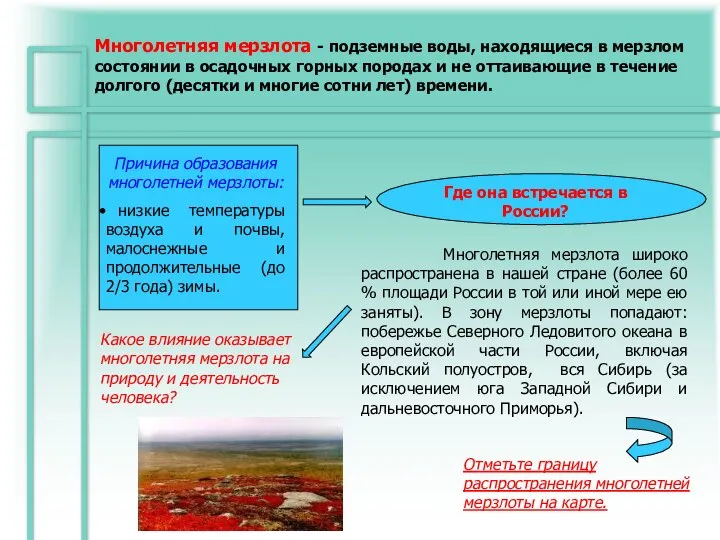 Многолетняя мерзлота - подземные воды, находящиеся в мерзлом состоянии в осадочных горных