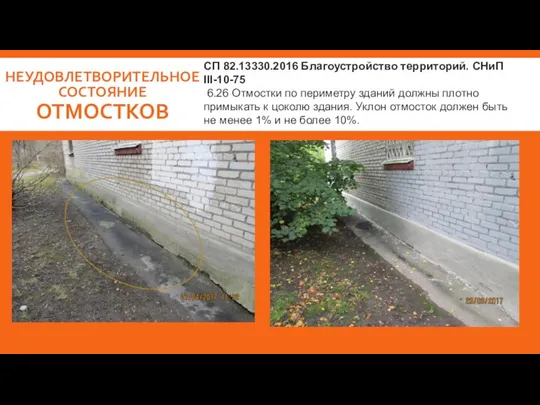 НЕУДОВЛЕТВОРИТЕЛЬНОЕ СОСТОЯНИЕ ОТМОСТКОВ СП 82.13330.2016 Благоустройство территорий. СНиП III-10-75 6.26 Отмостки по