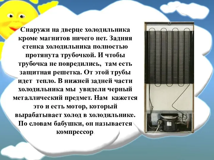 Снаружи на дверце холодильника кроме магнитов ничего нет. Задняя стенка холодильника полностью