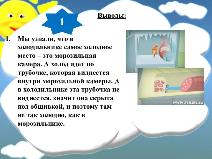 Выводы: Мы узнали, что в холодильнике самое холодное место – это морозильная