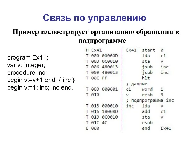 Связь по управлению Пример иллюстрирует организацию обращения к подпрограмме program Ex41; var