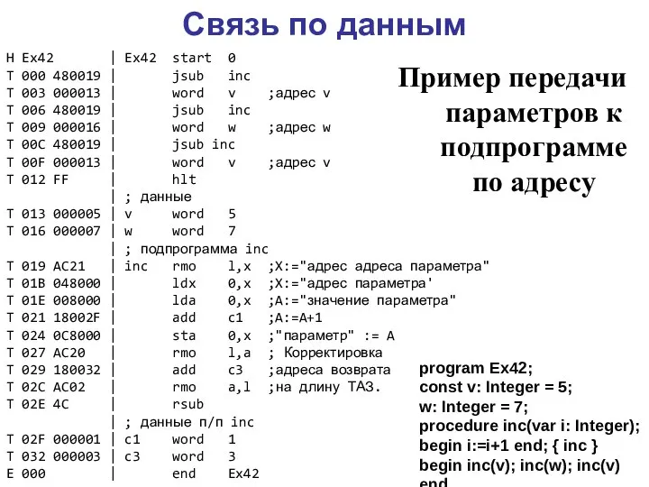 Связь по данным Пример передачи параметров к подпрограмме по адресу program Ex42;