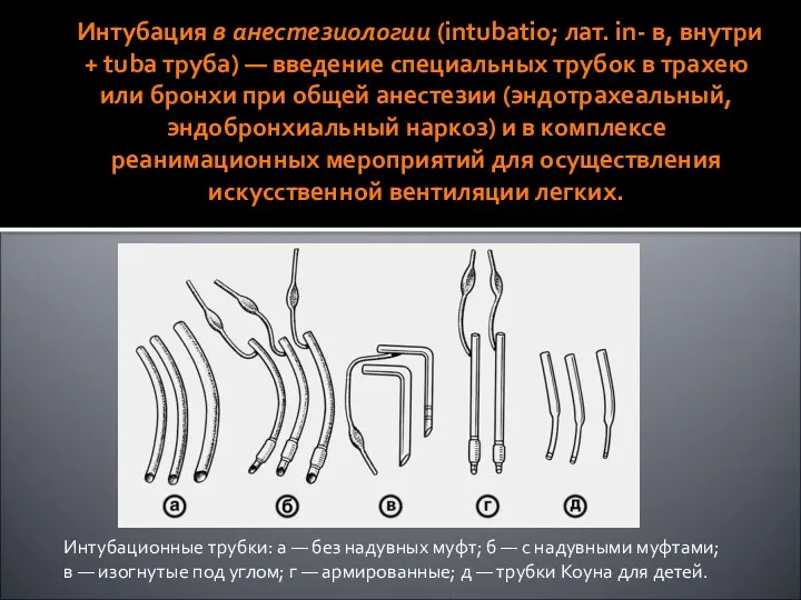 Интубация в анестезиологии (intubatio; лат. in- в, внутри + tuba труба) —