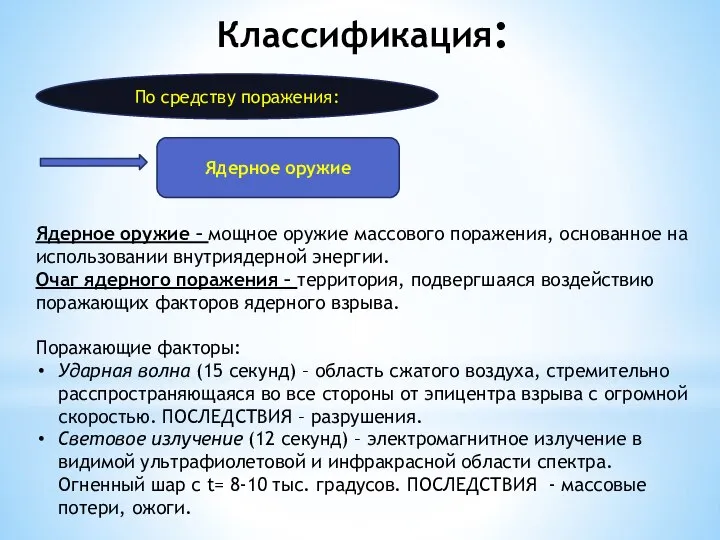 Классификация: По средству поражения: Ядерное оружие Ядерное оружие – мощное оружие массового