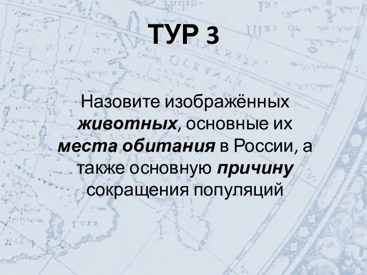 ТУР 3 Назовите изображённых животных, основные их места обитания в России, а