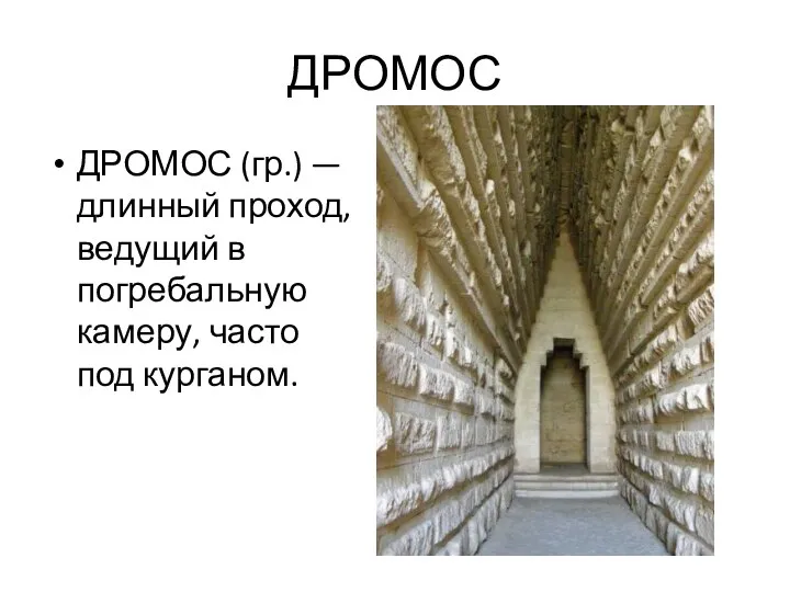 ДРОМОС ДРОМОС (гр.) — длинный проход, ведущий в погребальную камеру, часто под курганом.