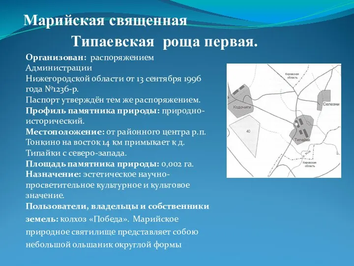 Марийская священная Типаевская роща первая. Организован: распоряжением Администрации Нижегородской области от 13