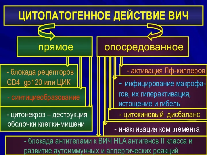 ЦИТОПАТОГЕННОЕ ДЕЙСТВИЕ ВИЧ прямое опосредованное - блокада рецепторов СD4 gp120 или ЦИК