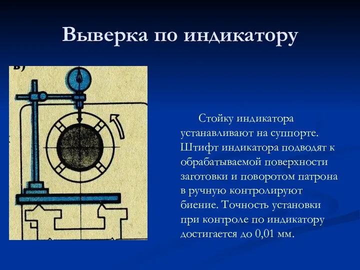 Выверка по индикатору Стойку индикатора устанавливают на суппорте. Штифт индикатора подводят к