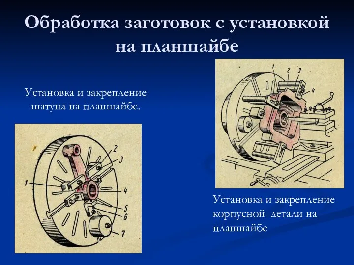 Обработка заготовок с установкой на планшайбе Установка и закрепление шатуна на планшайбе.