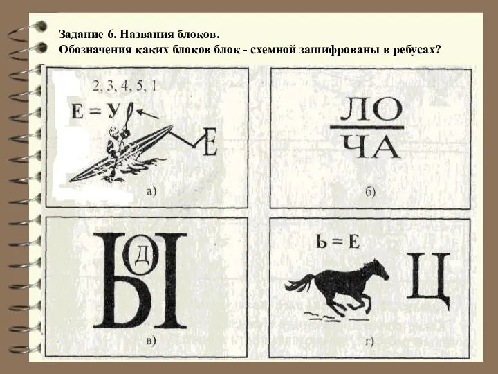 Задание 6. Названия блоков. Обозначения каких блоков блок - схемной зашифрованы в ребусах?