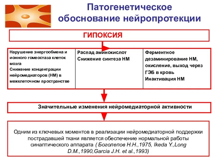 Патогенетическое обоснование нейропротекции Одним из ключевых моментов в реализации нейромедиаторной поддержки пострадавшей