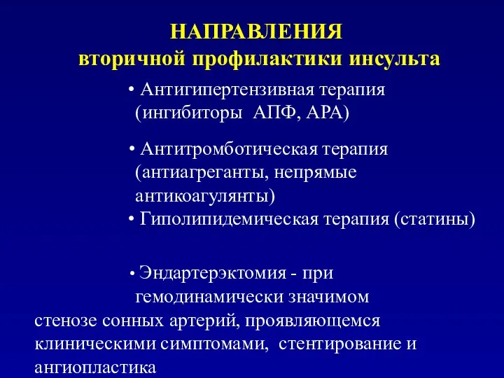 НАПРАВЛЕНИЯ вторичной профилактики инсульта Антитромботическая терапия (антиагреганты, непрямые антикоагулянты) Гиполипидемическая терапия (статины)