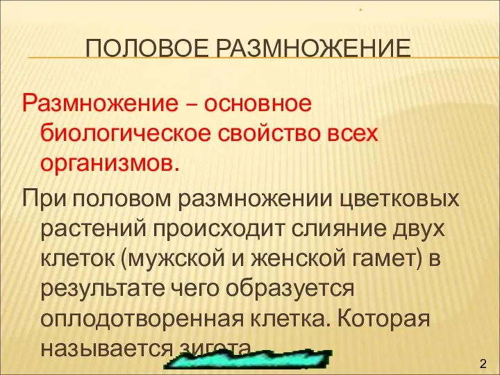 ПОЛОВОЕ РАЗМНОЖЕНИЕ Размножение – основное биологическое свойство всех организмов. При половом размножении