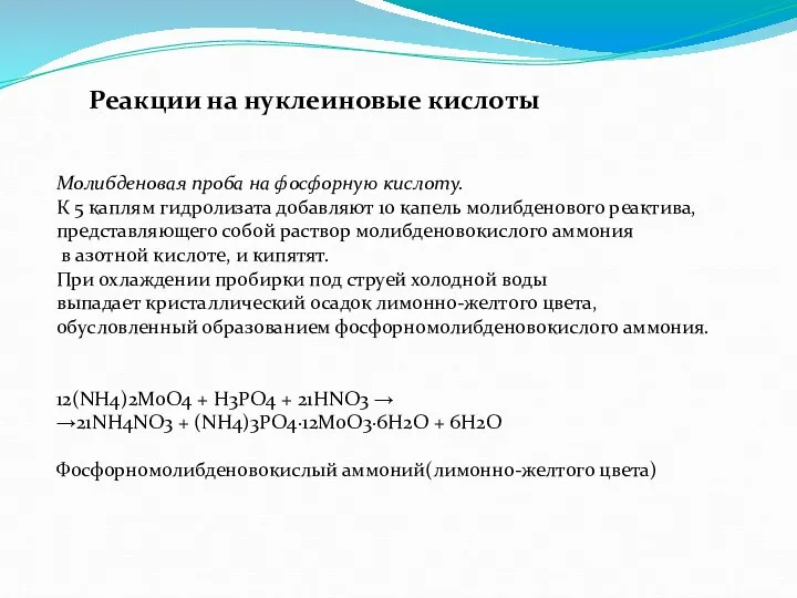 Реакции на нуклеиновые кислоты Молибденовая проба на фосфорную кислоту. К 5 каплям