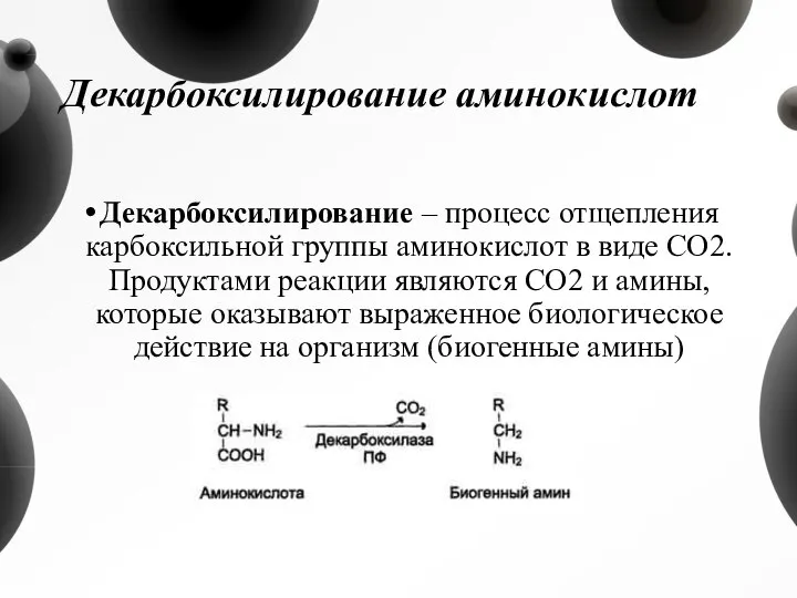Декарбоксилирование аминокислот Декарбоксилирование – процесс отщепления карбоксильной группы аминокислот в виде СО2.