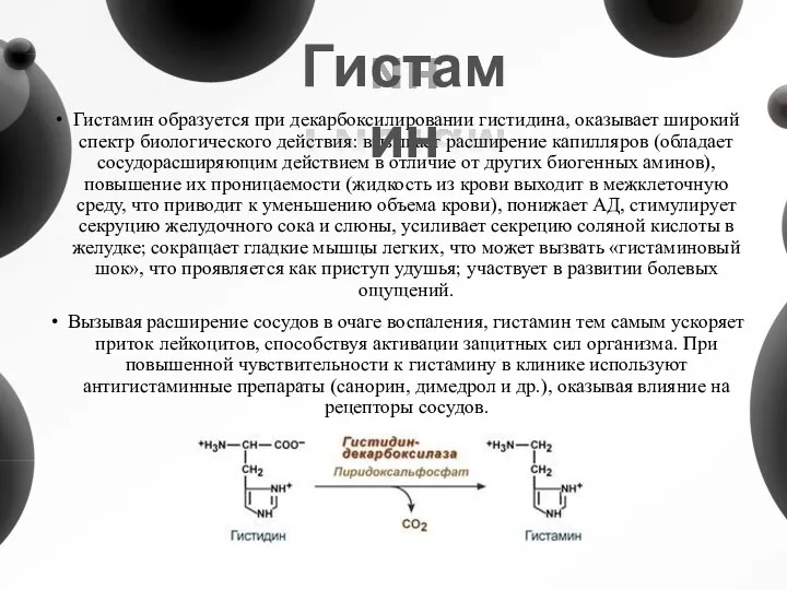 Гистамин образуется при декарбоксилировании гистидина, оказывает широкий спектр биологического действия: вызывает расширение