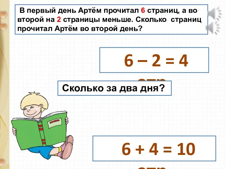 В первый день Артём прочитал 6 страниц, а во второй на 2