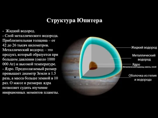 Структура Юпитера - Жидкий водород. - Слой металлического водорода. Приблизительная толщина –