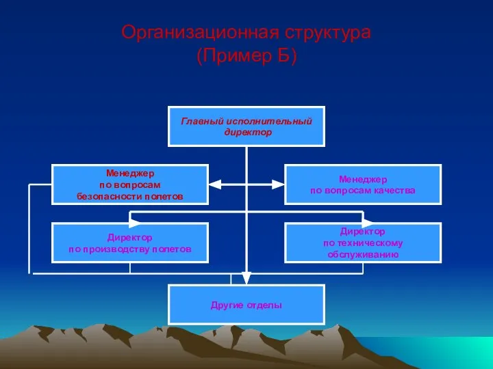 Организационная структура (Пример Б) Главный исполнительный директор Менеджер по вопросам безопасности полетов