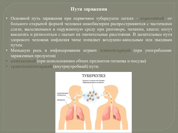 Пути заражения Основной путь заражения при первичном туберкулезе легких – аэрогенный: от