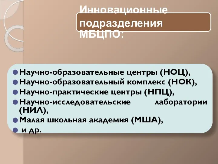 Инновационные подразделения МБЦПО: Научно-образовательные центры (НОЦ), Научно-образовательный комплекс (НОК), Научно-практические центры (НПЦ),