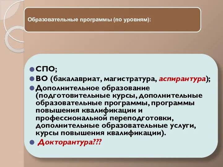 Образовательные программы (по уровням): СПО; ВО (бакалавриат, магистратура, аспирантура); Дополнительное образование (подготовительные