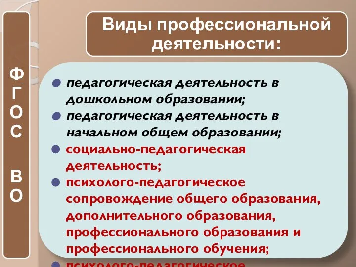 педагогическая деятельность в дошкольном образовании; педагогическая деятельность в начальном общем образовании; социально-педагогическая