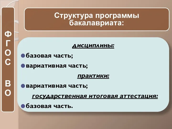 дисциплины: базовая часть; вариативная часть; практики: вариативная часть; государственная итоговая аттестация: базовая часть.