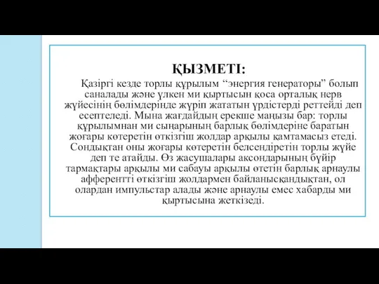 ҚЫЗМЕТІ: Қазіргі кезде торлы құрылым ‘‘энергия генераторы” болып саналады және үлкен ми