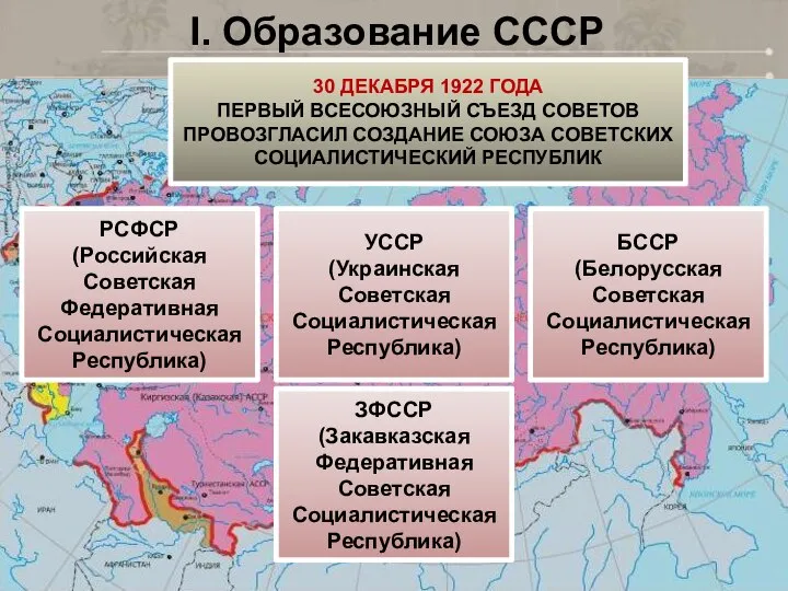 I. Образование СССР 30 ДЕКАБРЯ 1922 ГОДА ПЕРВЫЙ ВСЕСОЮЗНЫЙ СЪЕЗД СОВЕТОВ ПРОВОЗГЛАСИЛ