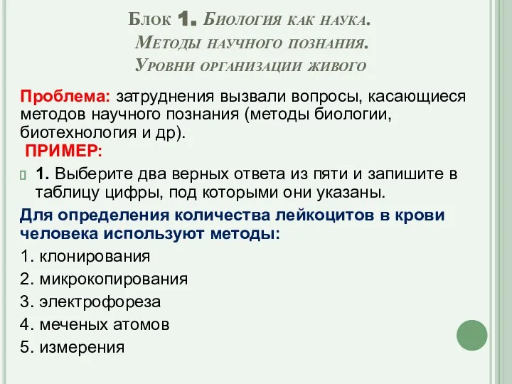 Блок 1. Биология как наука. Методы научного познания. Уровни организации живого Проблема: