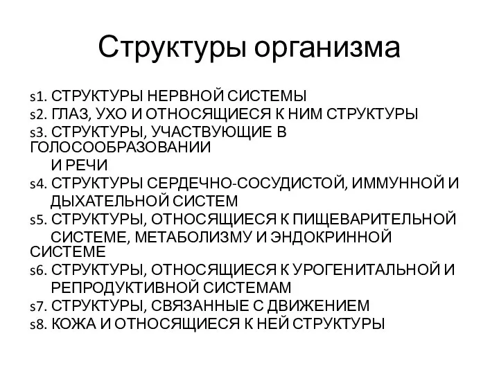 Структуры организма s1. СТРУКТУРЫ НЕРВНОЙ СИСТЕМЫ s2. ГЛАЗ, УХО И ОТНОСЯЩИЕСЯ К