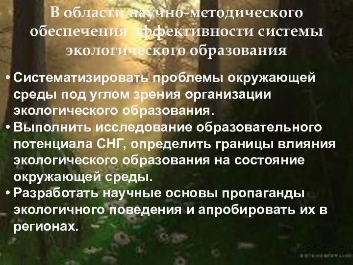 В области научно-методического обеспечения эффективности системы экологического образования Систематизировать проблемы окружающей среды