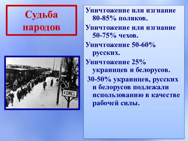 Судьба народов Уничтожение или изгнание 80-85% поляков. Уничтожение или изгнание 50-75% чехов.