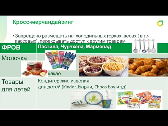 Кросс-мерчандайзинг Запрещено размещать на: холодильных горках, весах ( в т.ч. кассовых), перекрывать доступ к другим товарам.