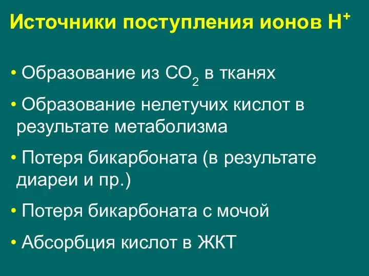 Источники поступления ионов Н+ Образование из СО2 в тканях Образование нелетучих кислот