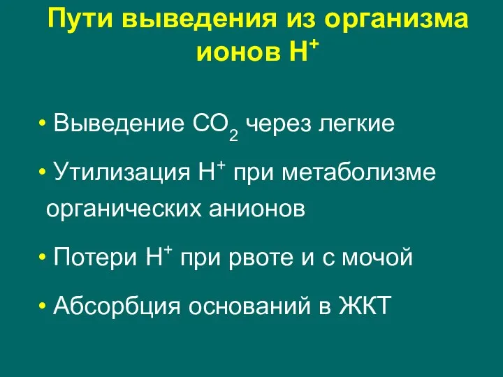 Пути выведения из организма ионов Н+ Выведение СО2 через легкие Утилизация Н+