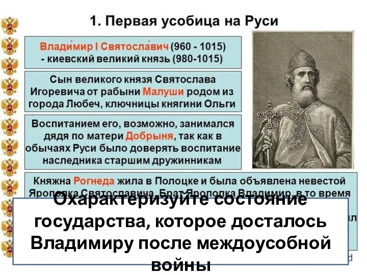 972-980 Охарактеризуйте состояние государства, которое досталось Владимиру после междоусобной войны