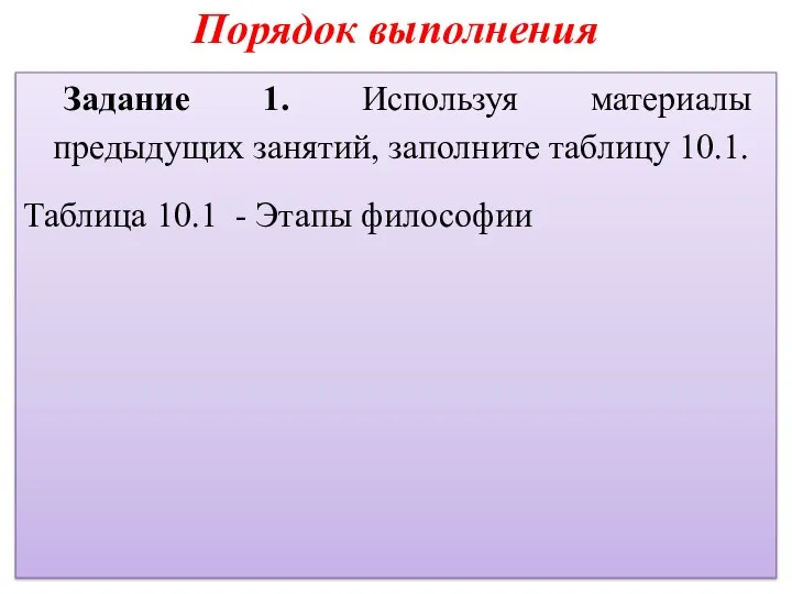 Порядок выполнения Задание 1. Используя материалы предыдущих занятий, заполните таблицу 10.1. Таблица 10.1 - Этапы философии